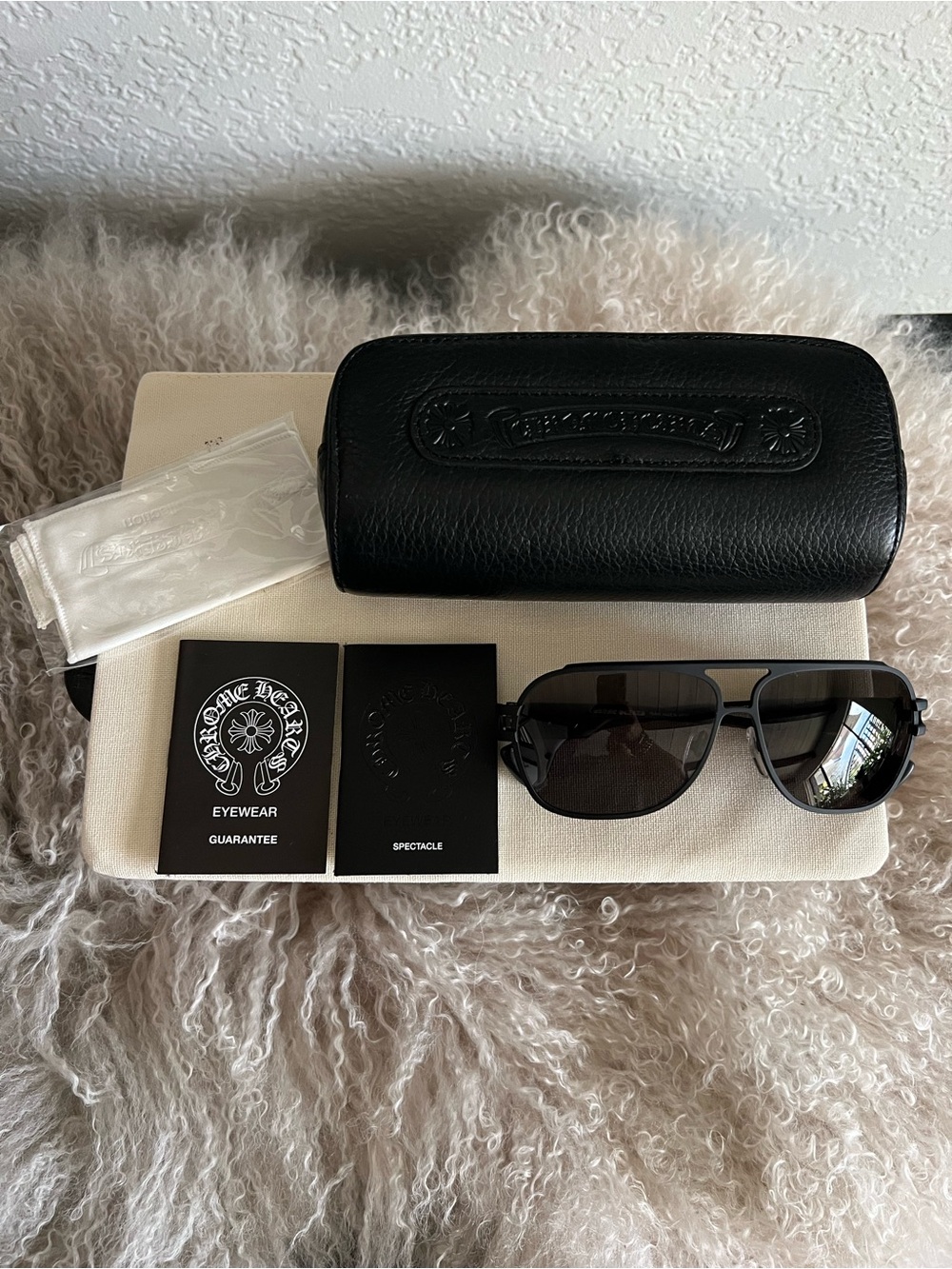 Chrome Hearts Black Leather Sunglasses with Dark Smoke Lenses Exotic Wood.